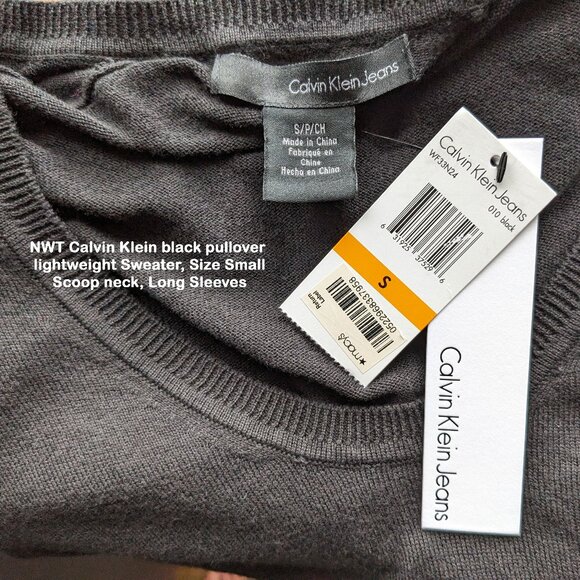 NWT Calvin Klein black pullover lightweight Sweater, Size S, Scoop neck, Sleeves - Picture 3 of 11